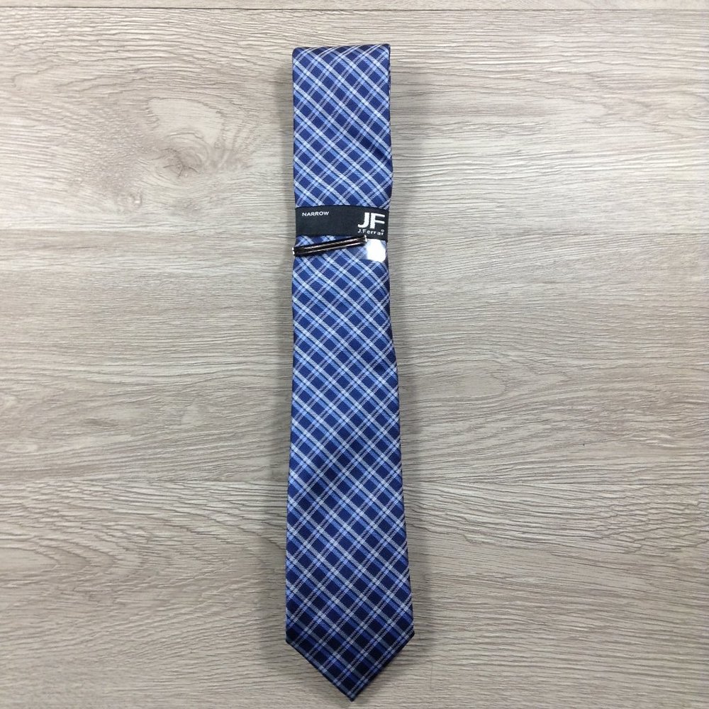 JF J. Ferrar Blue Plaid w Clip Narrow Tie
